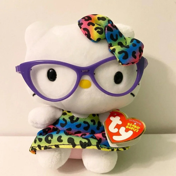 Hello Kitty Ty Beanie Babies Sanrio Plush 6 Inch Purple Glasses Rainbow Dress - Picture 14 of 14